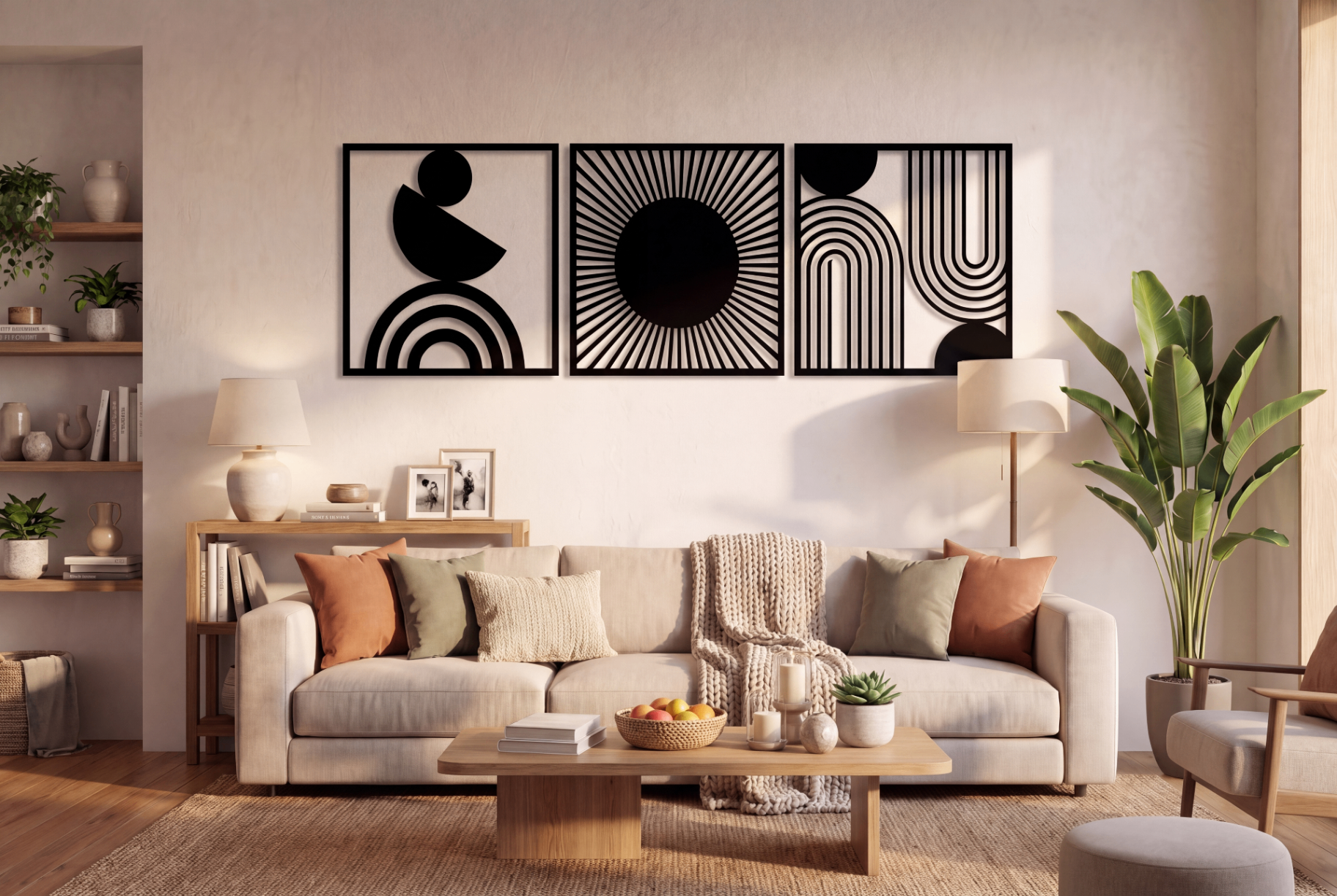 Forma Pura geometric composition above a sofa