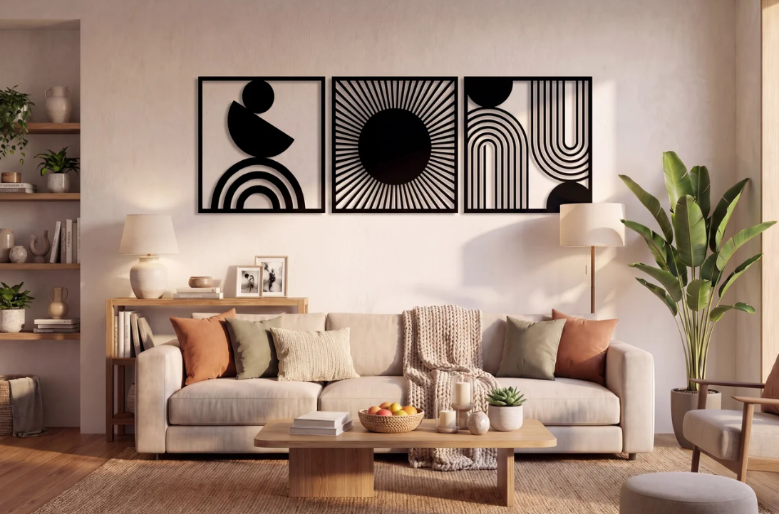 Burnished metal wall art styled in a warm living room